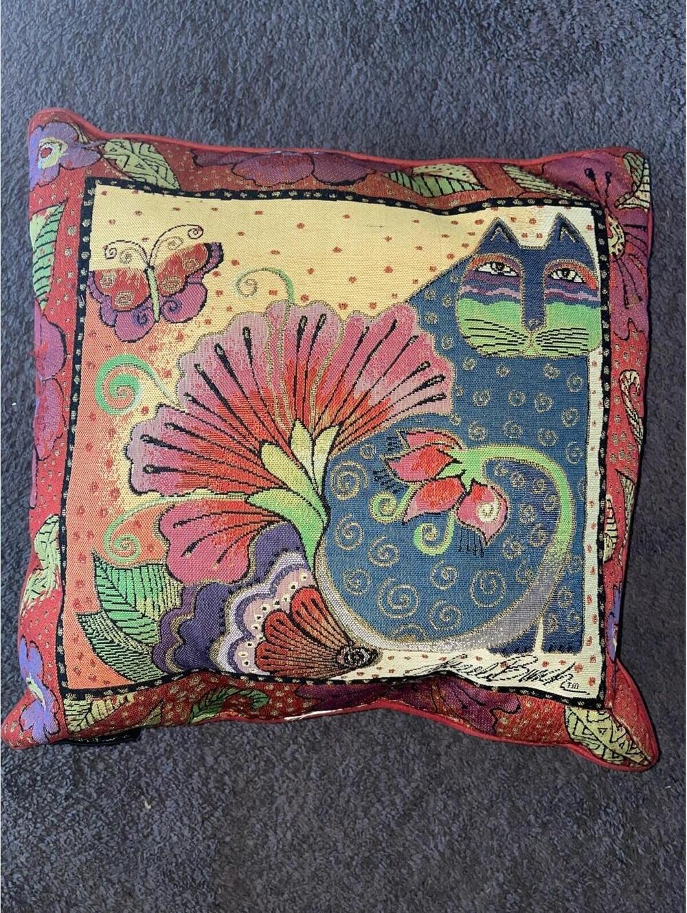 Laurel Burch Cat Tapestry Pillow 18x18 Accent Colorful Signed Whimsical Velvet